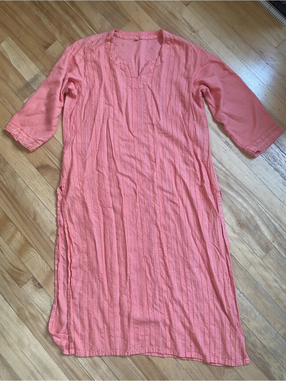 Coral Handmade 100% Cotton Kaftan Tunic with V-Neck and Three-Quarter Sleeves